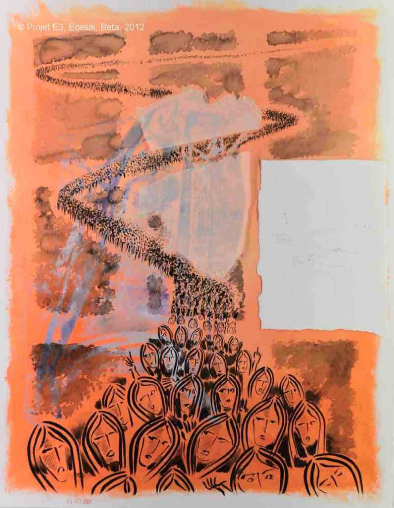 Projet E3 – Personnag’E, β. (Bêta) 404. 01. 2012. Acrylique sur papier. 65 x 50 cm. (Project E3 – Character’E, β. (Beta) 404. 01. 2012. Acrylic on paper, 25.5 x 19.6 inches.)