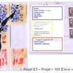 Projet E3 – Projet « E'nvoi  », étapes 11 & 12 : collage des adresses et des timbres. 2013. (Project « E'Card », steps 11 & 12 : sticking the addresses and the stamps. 2013.)
